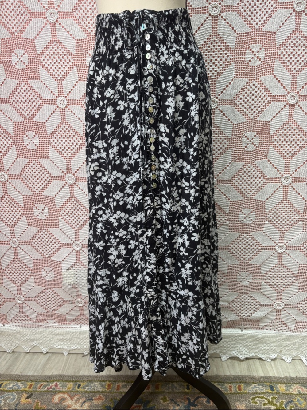 Rachel Zoe Black & White Floral Maxi Skirt | Button Front | S